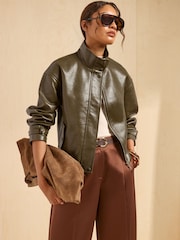 Friends Like These Olive Green Faux Leather Short Funnel Neck Jacket - Image 4 of 6