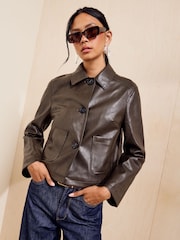 Friends Like These Olive Green Faux Leather Short Collared Jacket - Image 1 of 5