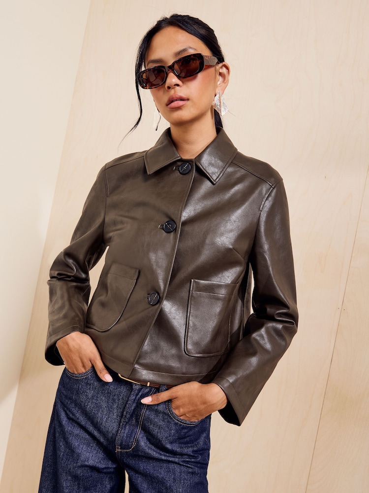 Friends Like These Olive Green Faux Leather Short Collared Jacket - Image 1 of 5 Friends Like These Olive Green Faux Leather Short Collared Jacket - Image 1 of 5