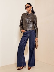 Friends Like These Olive Green Faux Leather Short Collared Jacket - Image 2 of 5