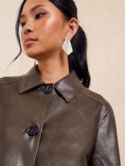 Friends Like These Olive Green Faux Leather Short Collared Jacket - Image 4 of 5