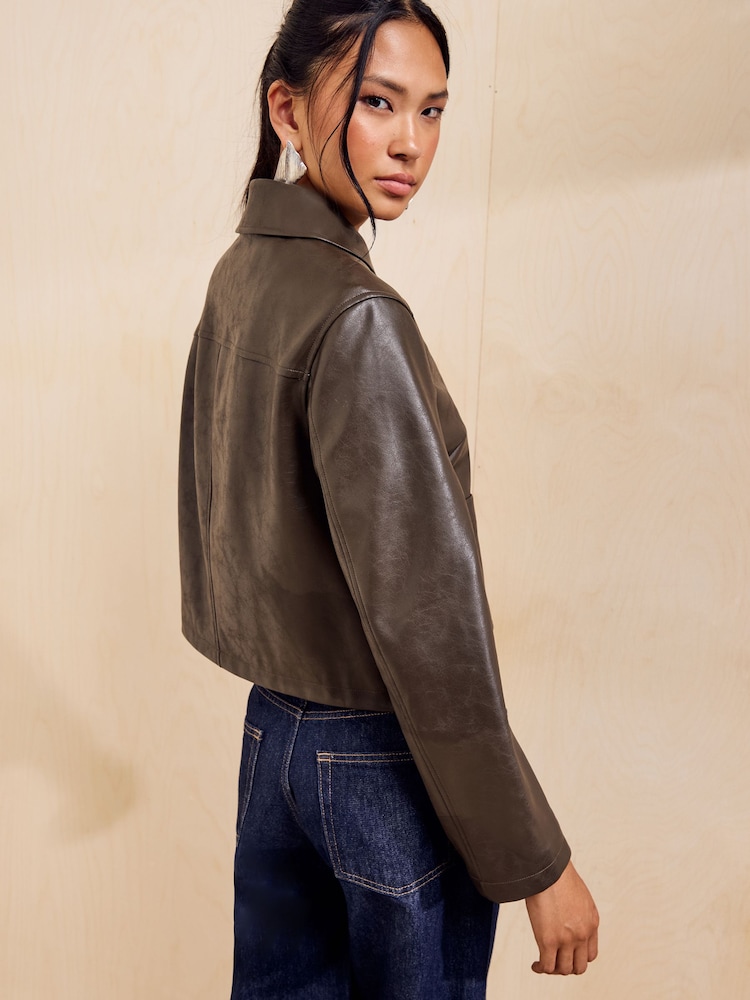 Friends Like These Olive Green Faux Leather Short Collared Jacket - Image 5 of 5 Friends Like These Olive Green Faux Leather Short Collared Jacket - Image 5 of 5