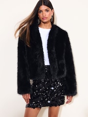 Friends Like These Black Short Faux Fur Collarless Jacket - Image 4 of 6