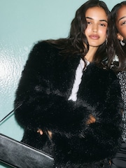 Friends Like These Black Short Faux Fur Collarless Jacket - Image 5 of 6