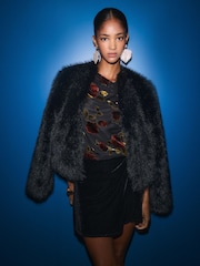 Friends Like These Black Short Faux Fur Collarless Jacket - Image 6 of 6
