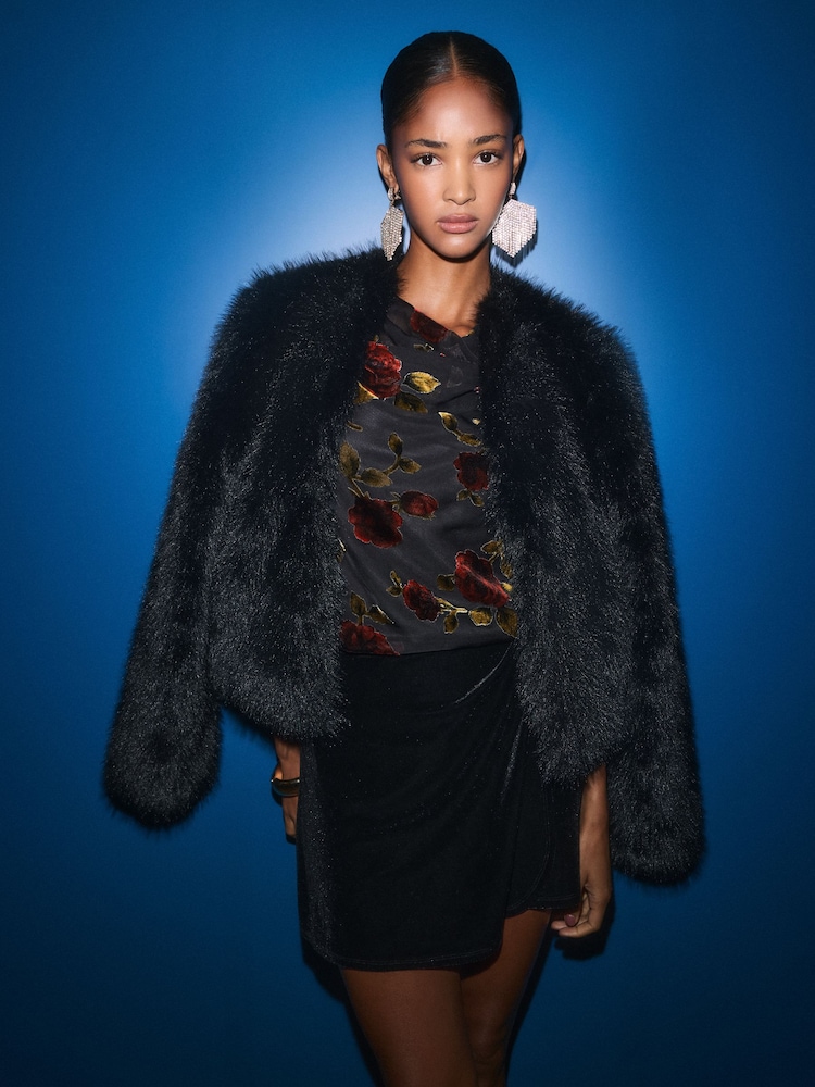Friends Like These Black Short Faux Fur Collarless Jacket - Image 6 of 6