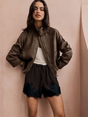 Friends Like These Chocolate Brown Faux Suede Funnel Neck Bubble Effect Jacket - Image 3 of 3