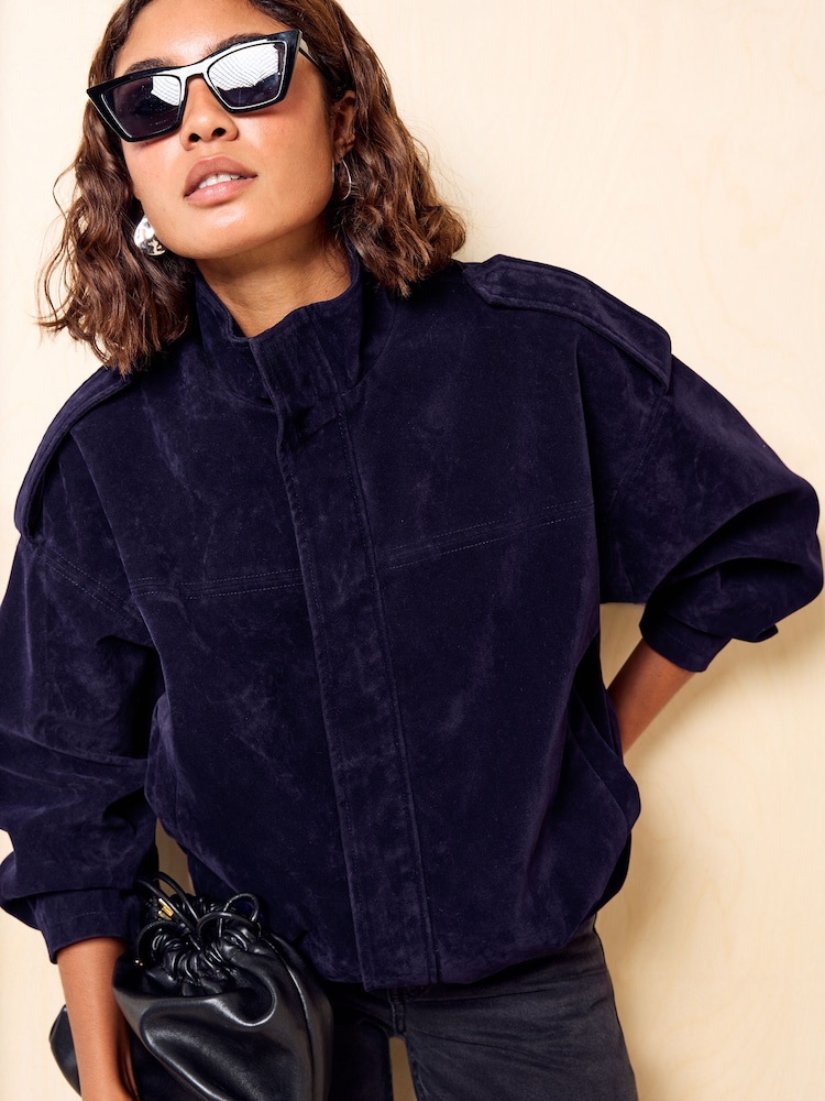 Friends Like These Funnel Neck Faux Suede Oversized Bomber Jacket - Bild 2 av 6