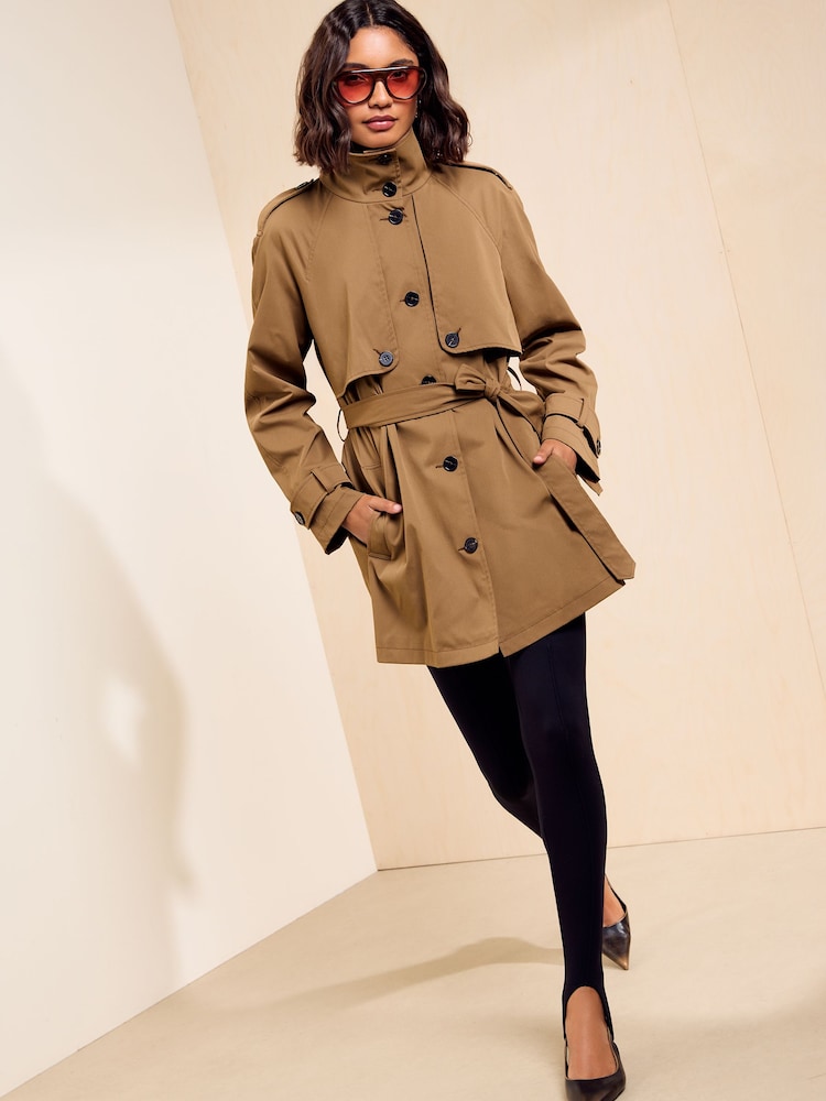 Friends Like These Tan Brown Funnel Neck Detail Short Trench Jacket - Image 1 of 6