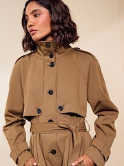 Friends Like These Tan Brown Funnel Neck Detail Short Trench Jacket - Image 2 of 6