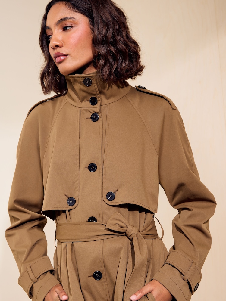 Friends Like These Tan Brown Funnel Neck Detail Short Trench Jacket - Image 2 of 6