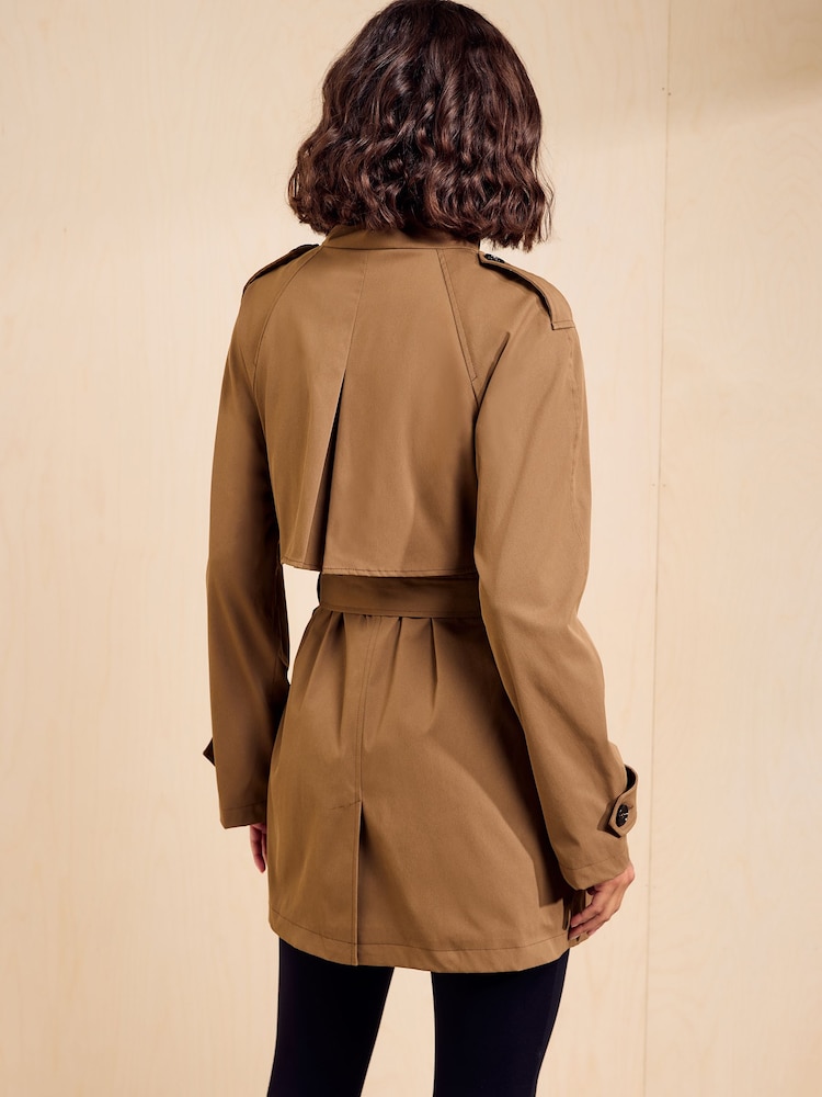 Friends Like These Tan Brown Funnel Neck Detail Short Trench Jacket - Image 6 of 6