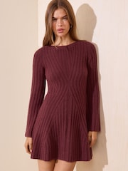 Friends Like These Burgundy Red Petite Rib Detail Long Sleeve Mini Dress - Image 1 of 5