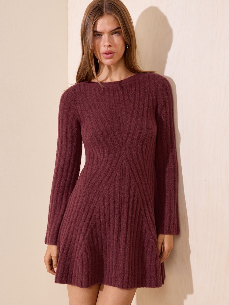 Friends Like These Burgundy Red Petite Rib Detail Long Sleeve Mini Dress - Image 1 of 5