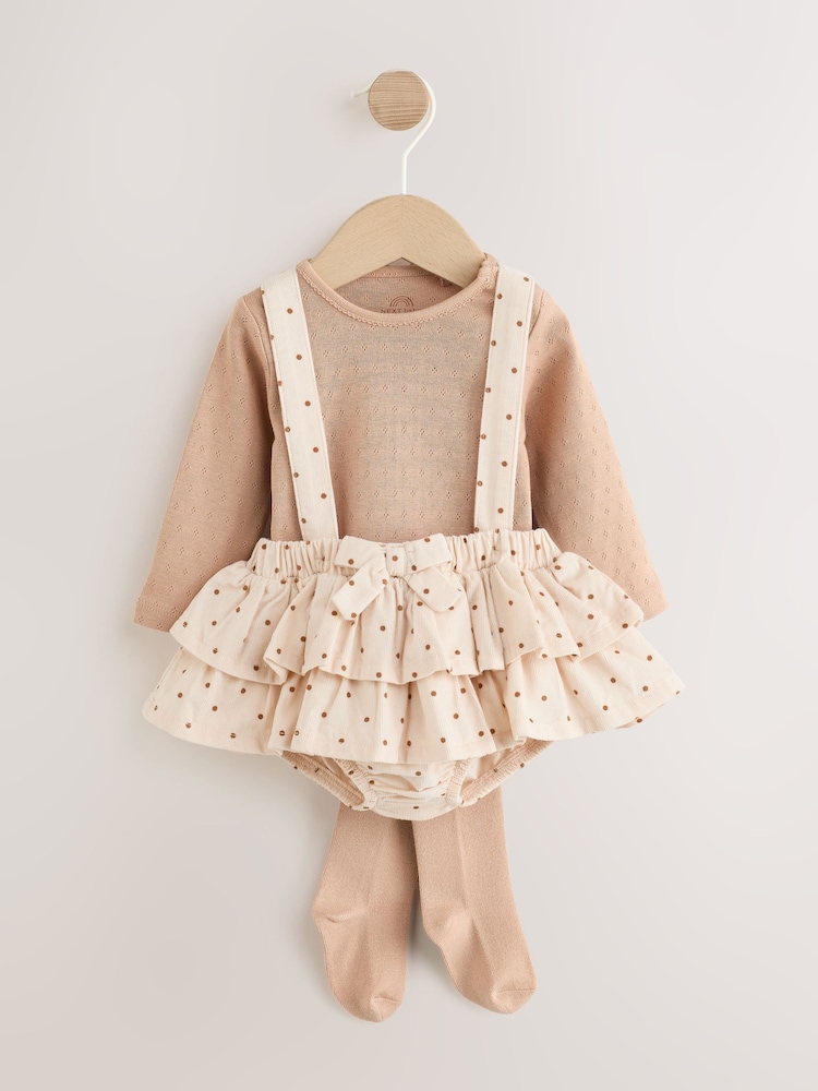 Ecru/Brown Spot Baby Long Sleeve Bodysuit, Bubble Skirt And Tights 3 Piece Set (0mths-2yrs) - Image 1 of 7 Ecru/Brown Spot Baby Long Sleeve Bodysuit, Bubble Skirt And Tights 3 Piece Set (0mths-2yrs) - Image 1 of 7
