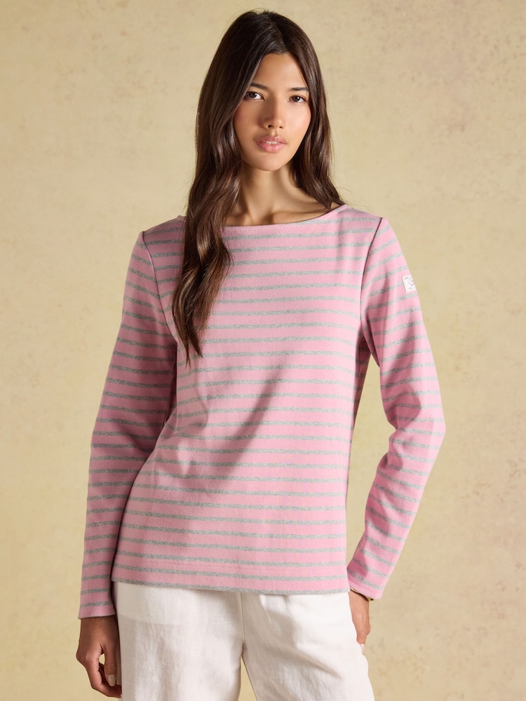Joules Harbour Pink & Grey Marl Long Sleeve Striped Boat Neck Breton Top - Image 1 of 7 Joules Harbour Pink & Grey Marl Long Sleeve Striped Boat Neck Breton Top - Image 1 of 7