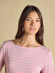 Joules Harbour Pink & Grey Marl Long Sleeve Striped Boat Neck Breton Top - Image 4 of 7