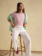 Joules Harbour Pink & Grey Marl Long Sleeve Striped Boat Neck Breton Top - Image 6 of 7