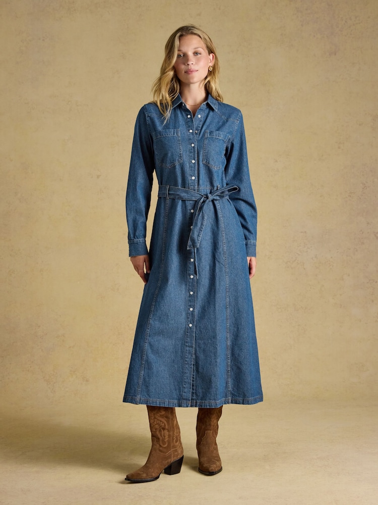 Joules Denim Blue Tie Waist Shirt Dress - Image 1 of 8