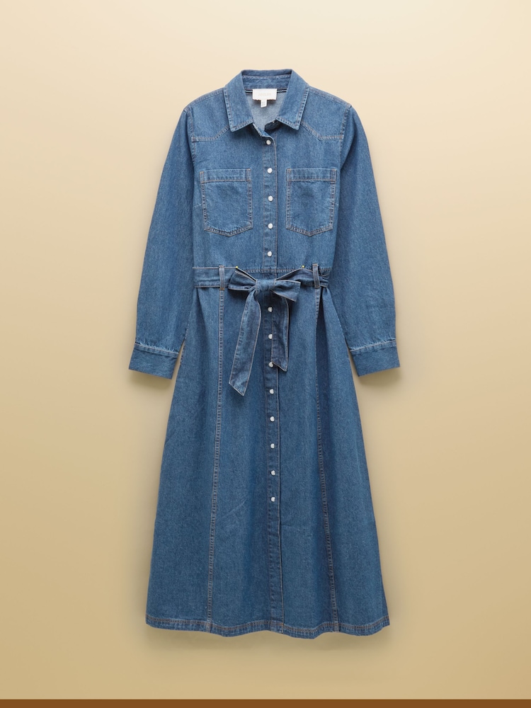 Joules Denim Blue Tie Waist Shirt Dress - Image 8 of 8
