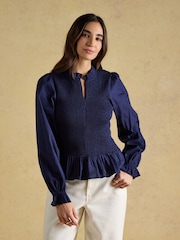 Joules Zoe Navy Long Sleeved Smocked Blouse - Image 1 of 7