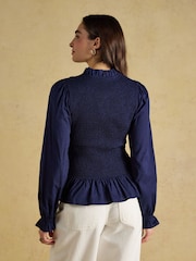 Joules Zoe Navy Long Sleeved Smocked Blouse - Image 2 of 7