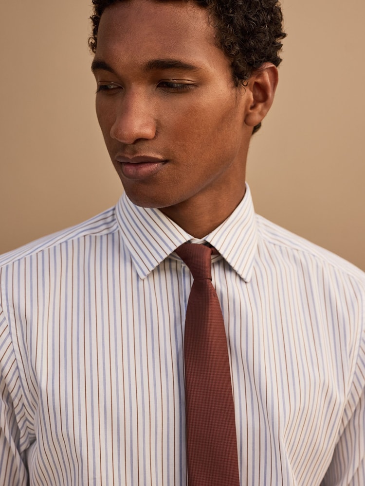 White/Blue/Brown Regular Fit Two Tone Stripe Formal Shirt and Tie Set - Image 1 of 6 White/Blue/Brown Regular Fit Two Tone Stripe Formal Shirt and Tie Set - Image 1 of 6