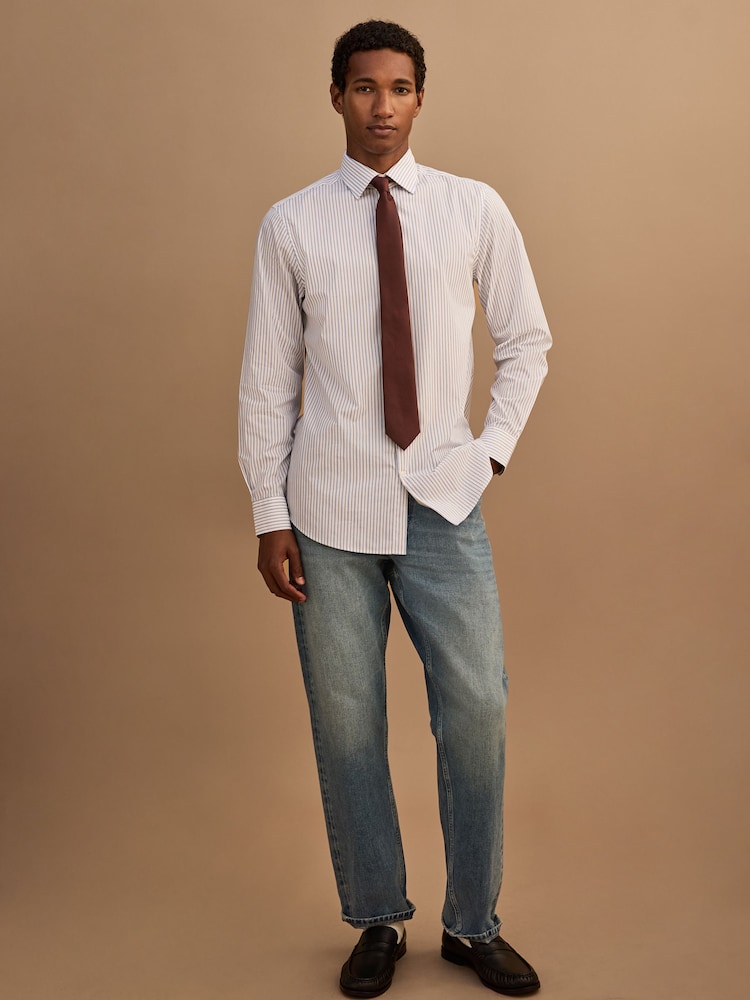 White/Blue/Brown Regular Fit Two Tone Stripe Formal Shirt and Tie Set - Image 2 of 6 White/Blue/Brown Regular Fit Two Tone Stripe Formal Shirt and Tie Set - Image 2 of 6