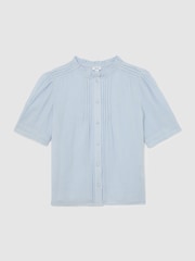 Reiss Light Blue Aurelia Cotton Cheesecloth Frill-Neck Top - Image 2 of 6