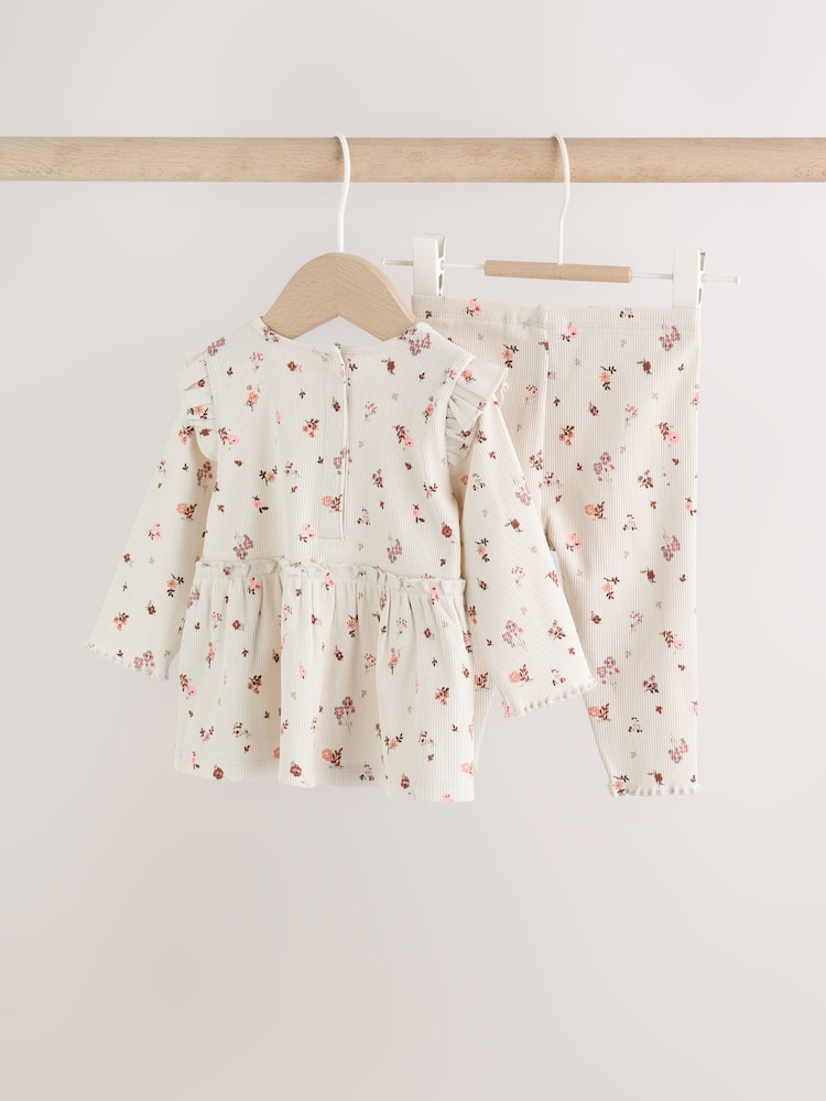 Ecru Floral Peplum Top and Leggings Baby Set (0mths-2yrs) - Image 2 of 10