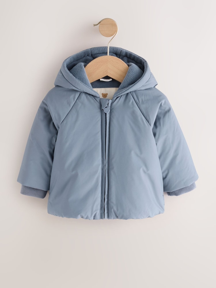Blue Hooded Mid-Weight Fleece Lined Puffer Baby Jacket (0mths-2yrs) - Image 1 of 9