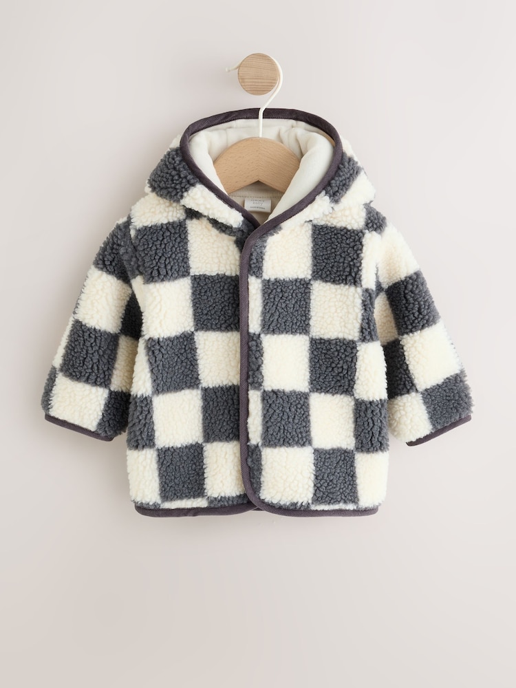 Grey Checkerboard Hooded Borg Baby Jacket (0mths-2yrs) - Image 1 of 7 Grey Checkerboard Hooded Borg Baby Jacket (0mths-2yrs) - Image 1 of 7