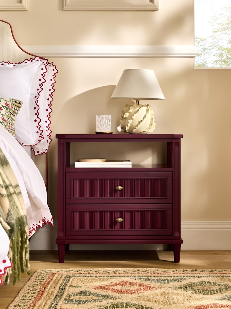 Nina Campbell Burgundy Red Willis 2 Drawer Wide Bedside Table - Image 1 of 4