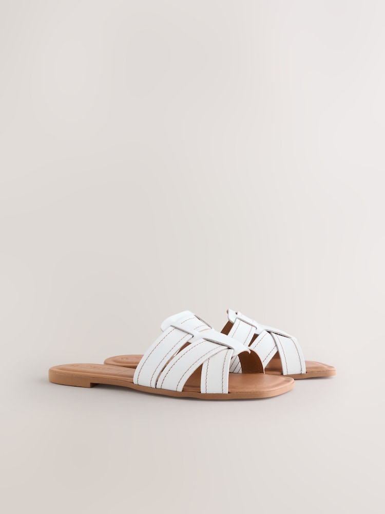 White Leather Extra Wide Fit Forever Comfort® Stitched Mule Sandals - Image 2 of 5 White Leather Extra Wide Fit Forever Comfort® Stitched Mule Sandals - Image 2 of 5