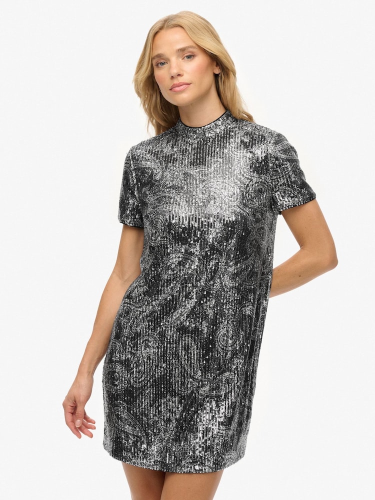 superdry silver dress Superdry Maxi sequin v neck dress in silver sequin