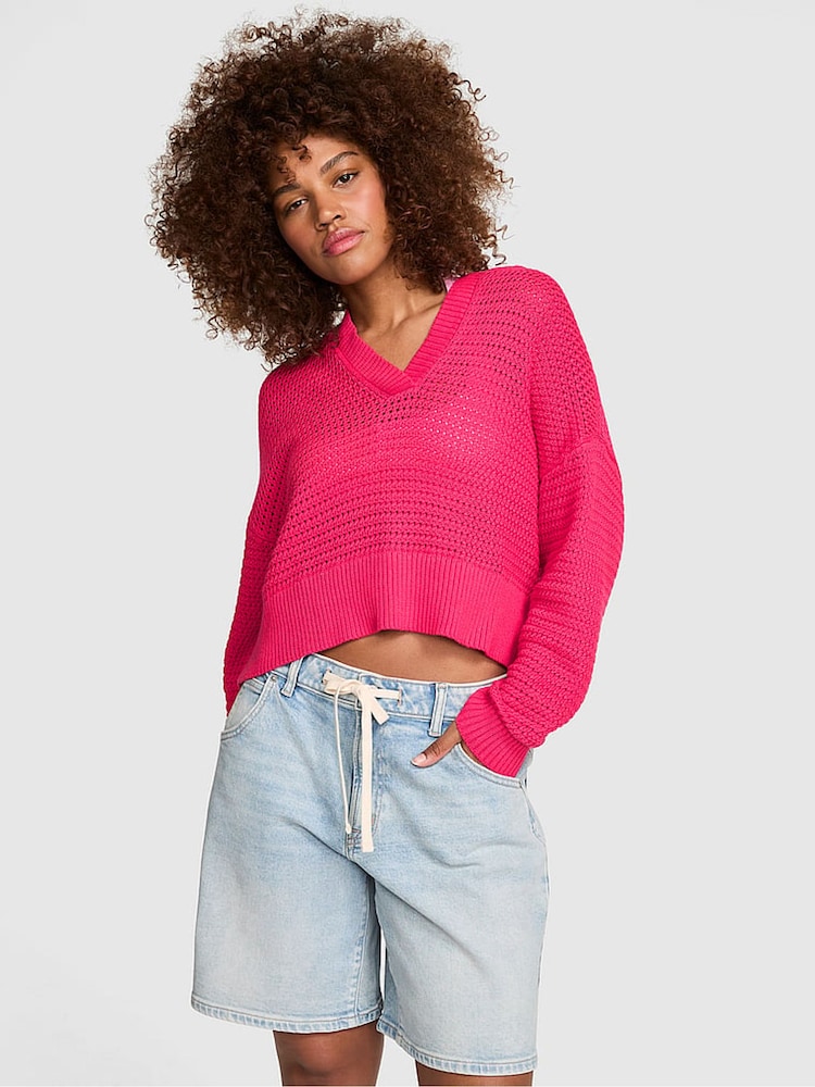 Victoria's Secret Pink Candy Pink Crochet Hoodie - Image 1 of 2 Victoria's Secret Pink Candy Pink Crochet Hoodie - Image 1 of 2