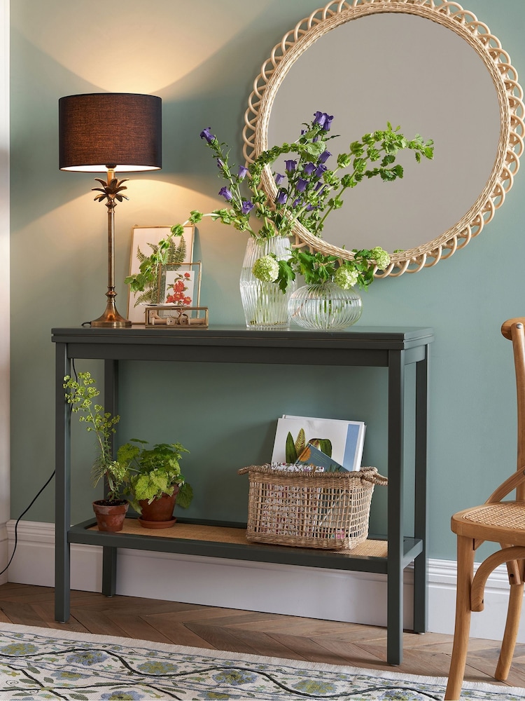 La Redoute Intérieurs Dark Khaki Gabin Solid Pine & Cane Double Level Console Table - Image 1 of 6