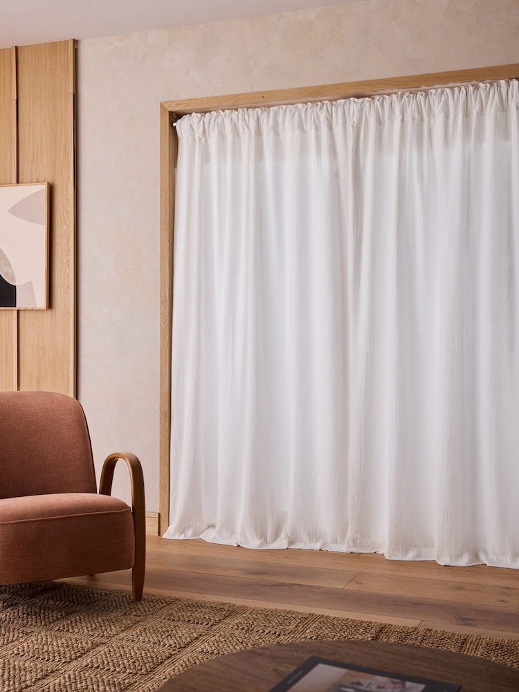 White Cotton Muslin Ruffle Top Fold Over Lined Curtain - Image 2 of 6 White Cotton Muslin Ruffle Top Fold Over Lined Curtain - Image 2 of 6