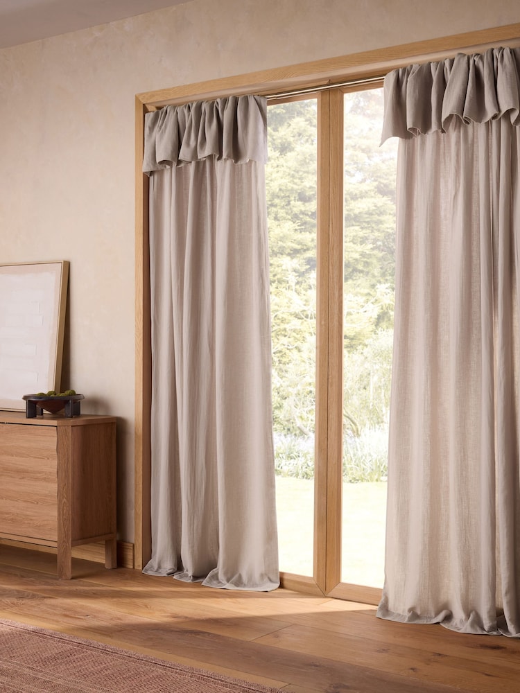 Mink Natural Cotton Muslin Ruffle Top Fold Over Lined Curtain - Image 1 of 7 Mink Natural Cotton Muslin Ruffle Top Fold Over Lined Curtain - Image 1 of 7