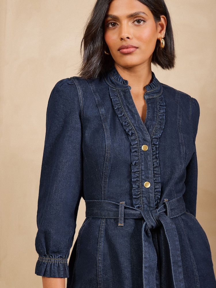 Love & Roses Dark Blue Rinse 3/4 Sleeve Denim Midi Dress - Image 2 of 5