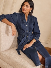 Love & Roses Dark Blue Rinse 3/4 Sleeve Denim Midi Dress - Image 3 of 5