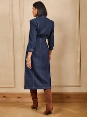 Love & Roses Dark Blue Rinse 3/4 Sleeve Denim Midi Dress - Image 4 of 5