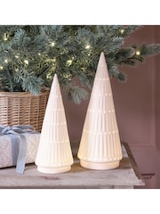 Lights4fun Set of 2 White LED Ceramic Christmas Tree Decorations - Image 1 of 2