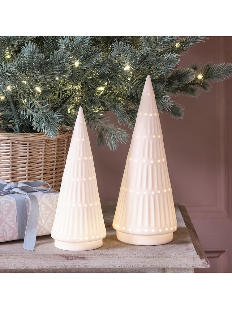 Lights4fun Set of 2 White LED Ceramic Christmas Tree Decorations - Image 1 of 2