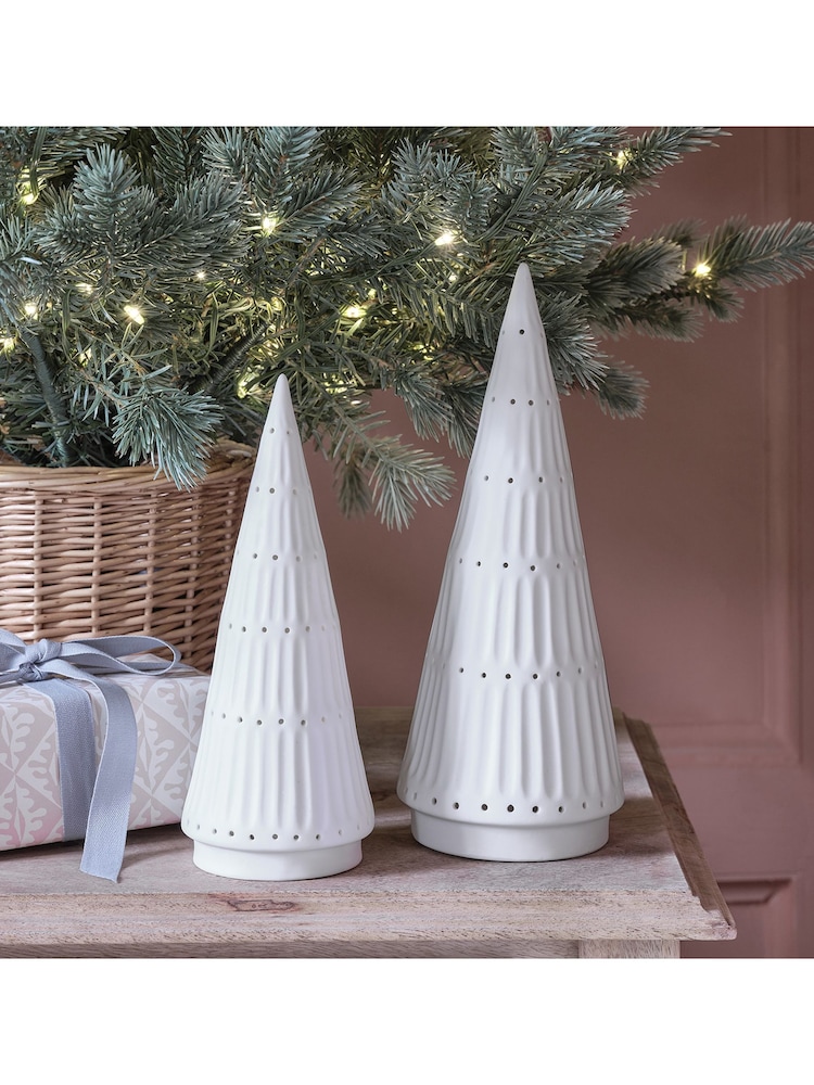 Lights4fun Set of 2 White LED Ceramic Christmas Tree Decorations - Image 2 of 2