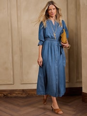Love & Roses Mid Blue Broderie Detail Midi Dress - Image 1 of 5