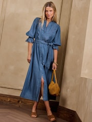 Love & Roses Mid Blue Broderie Detail Midi Dress - Image 3 of 5