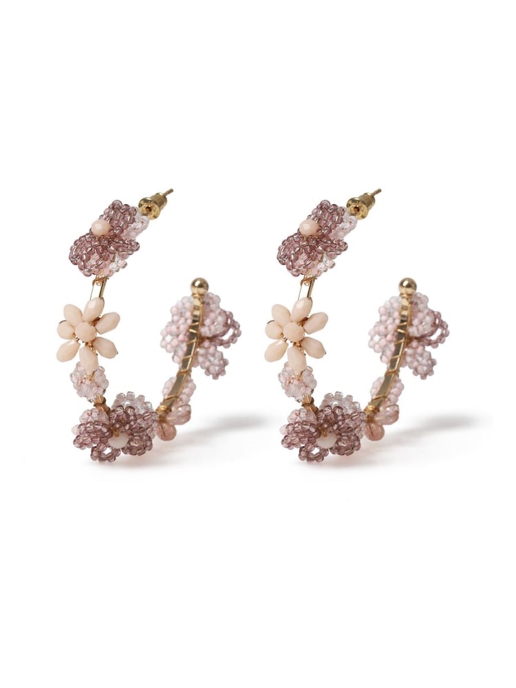 Aela Pink Large Flower Beaded Hoop Earrings - Image 1 of 3 Aela Pink Large Flower Beaded Hoop Earrings - Image 1 of 3