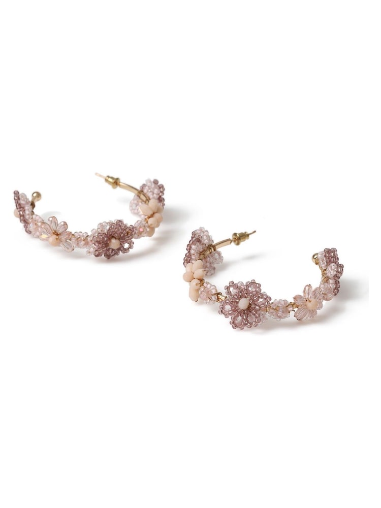 Aela Pink Large Flower Beaded Hoop Earrings - Image 2 of 3 Aela Pink Large Flower Beaded Hoop Earrings - Image 2 of 3