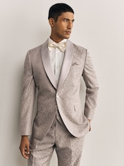 Neutral Slim Fit Satin Shawl Lapel Jacquared Tuxedo Suit Jacket - Image 1 of 11